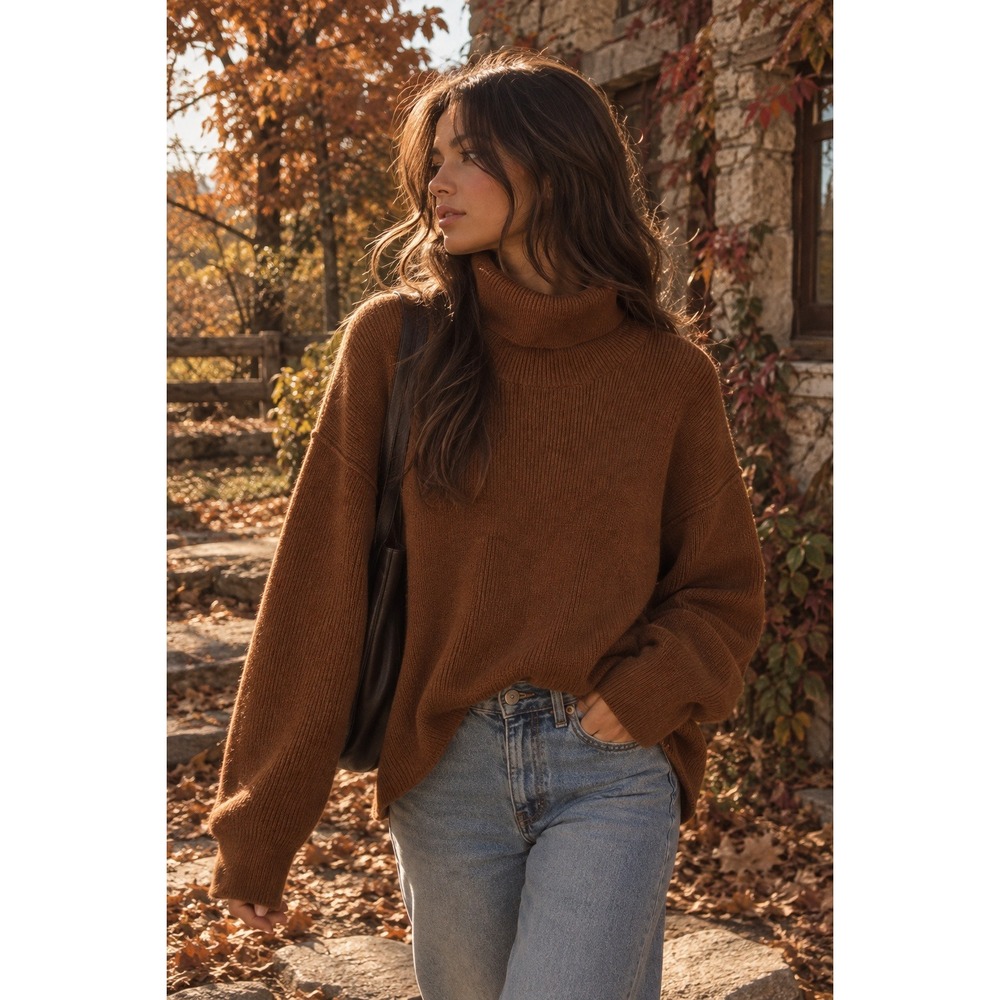 Free People Softly Structured Tunic Turtleneck Sweater Brown Burnt Orange Small